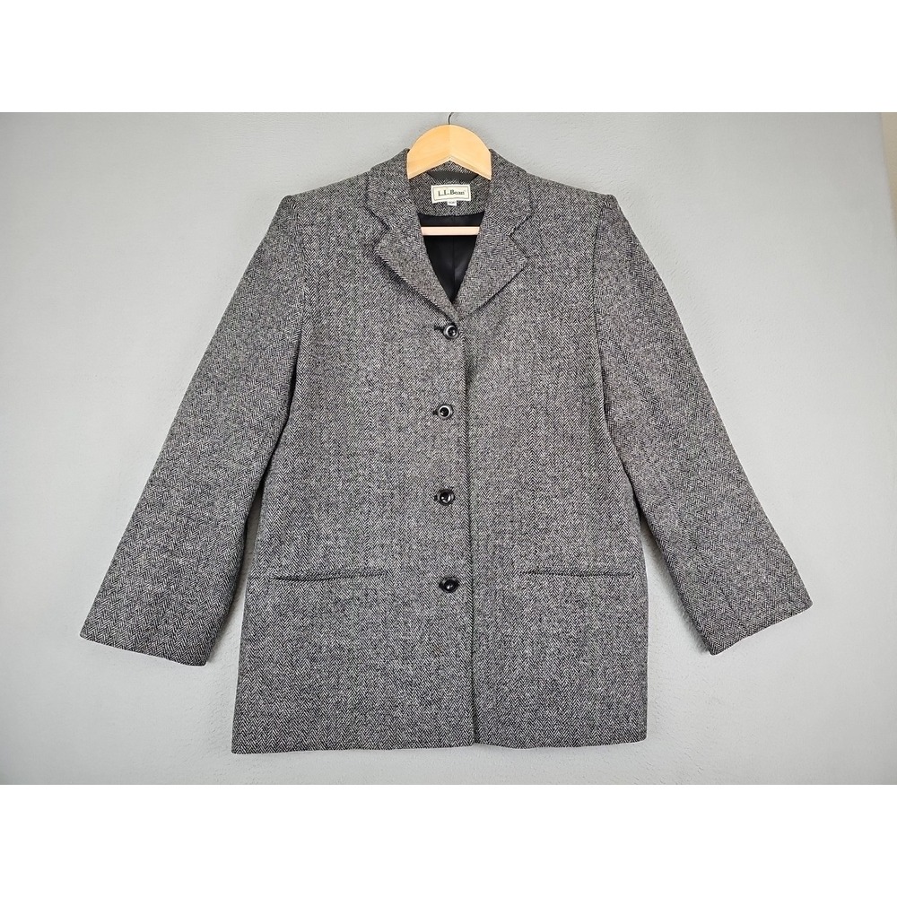 VTG L.L. Bean Blazer Peacoat Womens 10P Gray Herringbone Wool Blend Academia USA - Picture 1 of 10